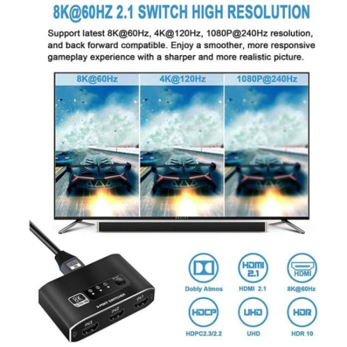 Commutateur vidéo HDMI 2.1 8K 3 entrées 1 sortie Q8Q3-2, commutateur HDMI 4K 120 Hz SH8360266-08