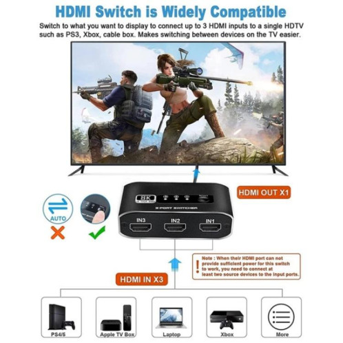 Commutateur vidéo HDMI 2.1 8K 3 entrées 1 sortie Q8Q3-2, commutateur HDMI 4K 120 Hz SH8360266-08