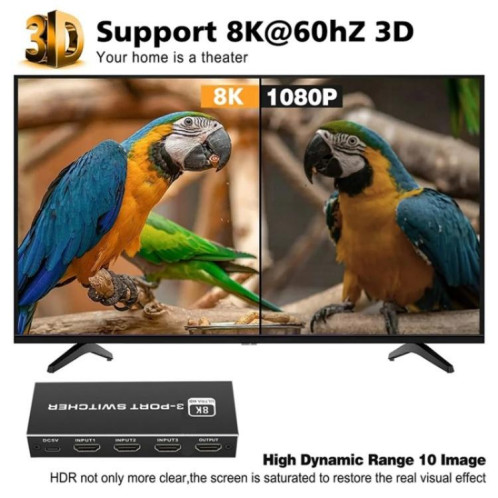 Commutateur HDMI 2.1 Q8Q3-3 pour home cinéma gaming, 3x1, 8K, 4K, 120 Hz, HDR, audio et vidéo SH8362783-010