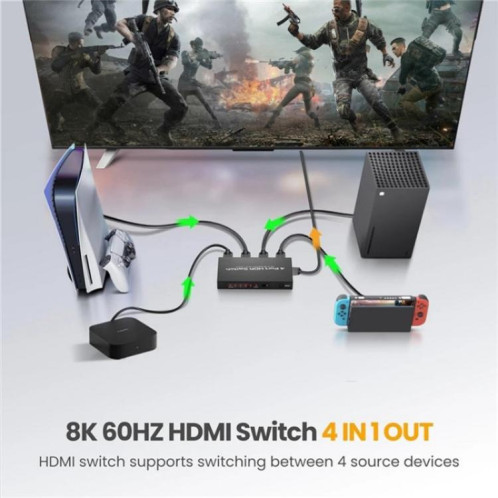 Commutateur HDMI 2.1 8K 60 Hz Q8-4 avec télécommande, adaptateur 4x1 pour home cinéma et jeux vidéo, prise américaine SH69011521-010