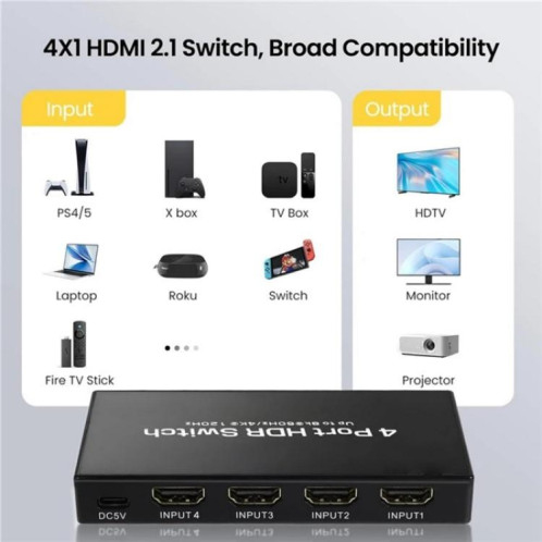 Commutateur HDMI 2.1 8K 60 Hz Q8-4 avec télécommande, adaptateur 4x1 pour home cinéma et jeux vidéo, prise américaine SH69011521-010