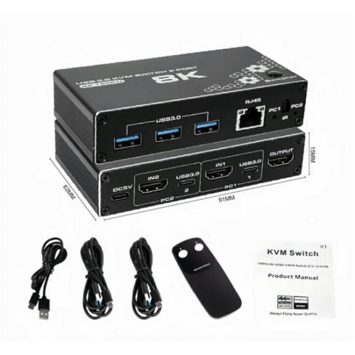 Adaptateur K1 2 ports HDCP 2.3 RJ45 USB 3.0 4K 120 Hz HDMI 2.0b USB-C KVM (noir) SH601A839-08