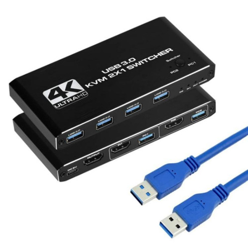 Commutateur KVM USB 3.0 4K 60 Hz avec double contrôle par ordinateur K2, adaptateur 2 entrées 1 sortie SH84671854-07