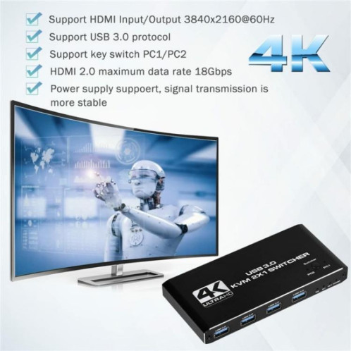 Commutateur KVM USB 3.0 4K 60 Hz avec double contrôle par ordinateur K2, adaptateur 2 entrées 1 sortie SH84671854-07