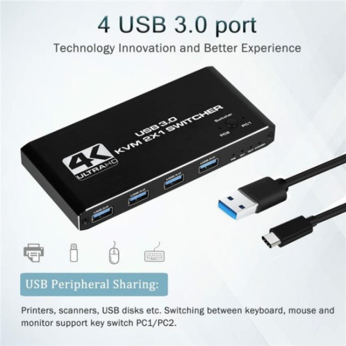 Commutateur KVM USB 3.0 4K 60 Hz avec double contrôle par ordinateur K2, adaptateur 2 entrées 1 sortie SH84671854-07