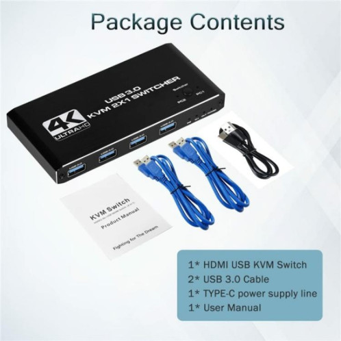 Commutateur KVM USB 3.0 4K 60 Hz avec double contrôle par ordinateur K2, adaptateur 2 entrées 1 sortie SH84671854-07