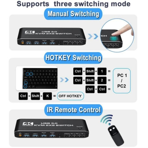 Commutateur KVM K3 pour deux moniteurs, HDMI, USB 3.0, extracteur audio, prise jack 3,5 mm, 4K 60 Hz, 2 entrées, 2 sorties SH8471479-011