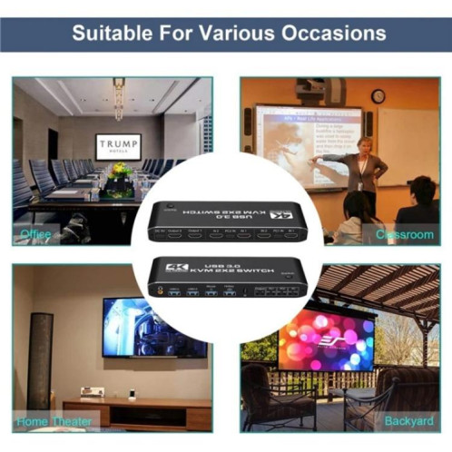 Commutateur KVM K3 pour deux moniteurs, HDMI, USB 3.0, extracteur audio, prise jack 3,5 mm, 4K 60 Hz, 2 entrées, 2 sorties SH8471479-011