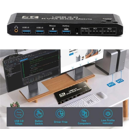 K3-1 4K 60 Hz USB 3.0 Double écran Extender HDMI Matrix 2x2 KVM Switch SH8474306-011