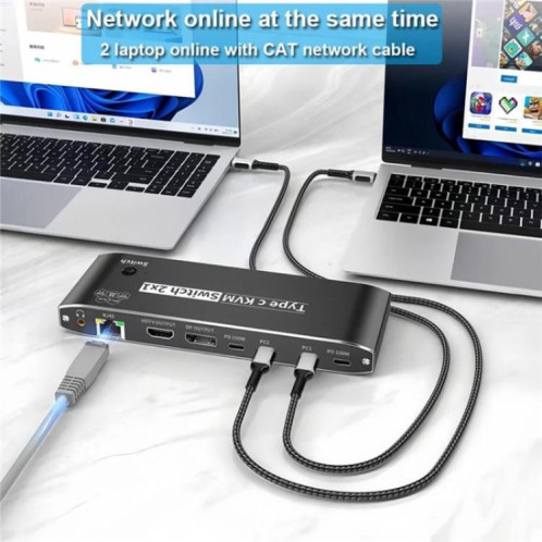 Commutateur KVM K8 avec port Ethernet RJ45, 2 entrées, 1 sortie, type C, 7 ports USB 2.0, station d'accueil SH85971357-010