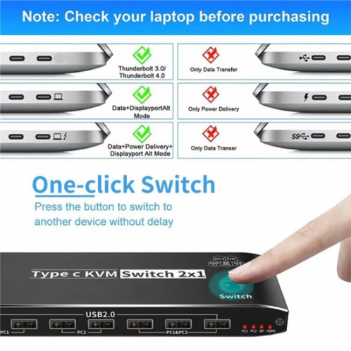 Commutateur KVM K8 avec port Ethernet RJ45, 2 entrées, 1 sortie, type C, 7 ports USB 2.0, station d'accueil SH85971357-010