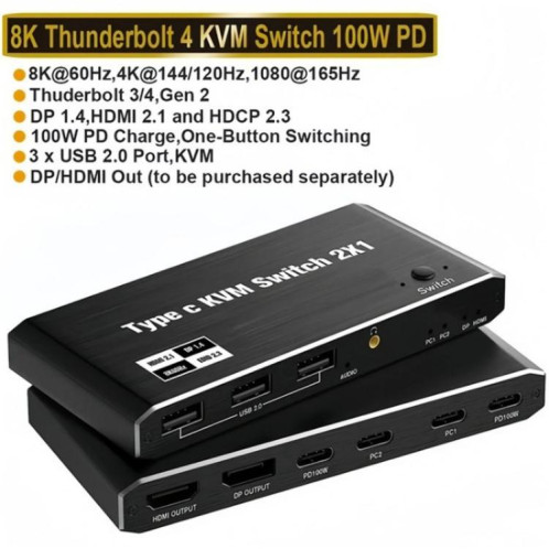 Commutateur KVM K7 avec 3 ports USB 2.0 8K 60 Hz HD / DP 100 W PD Charge Type C SH8620754-010