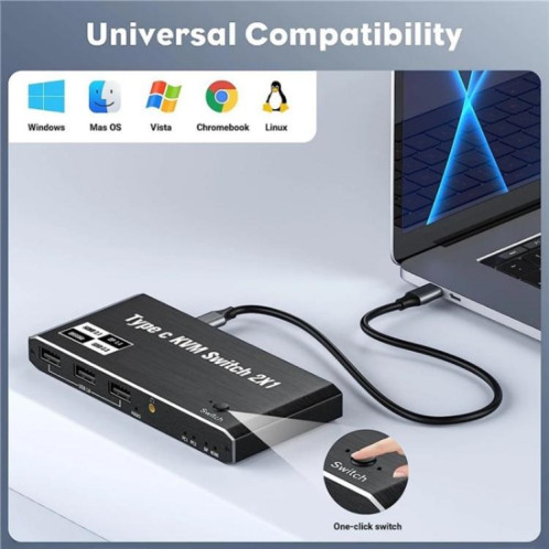 Commutateur KVM K7 avec 3 ports USB 2.0 8K 60 Hz HD / DP 100 W PD Charge Type C SH8620754-010