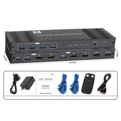 Commutateur KVM K10-2 pour 2 ordinateurs/moniteurs, USB 3.0, double sortie DP, 8K 60 Hz, version 2x2, prise américaine SH2101992-06