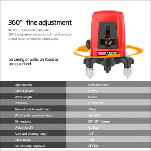 A8826D Niveau laser 3D auto nivelant 2 Lasers Lasers horizontaux Vertical Lasers Niveau 360 Trépied Mini Niveaux laser SH32501383-04