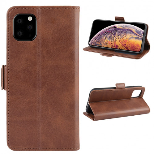 Housse en cuir à rabat horizontal à boucle magnétique double face pour iPhone 11 Pro Max, avec support et logements pour cartes, portefeuille et cadre photo (Marron) SH901C1254-010