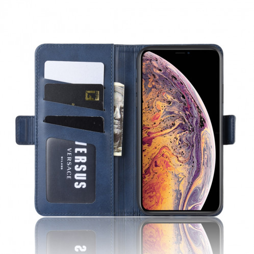 Housse en cuir à rabat horizontal à boucle magnétique double face pour iPhone 11 Pro Max, avec support et logements pour cartes, portefeuille et cadre photo (Bleu foncé) SH901D290-010