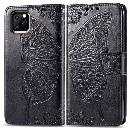 Étui en cuir Flip horizontal gaufrage papillon amour fleurs pour iPhone 11 Pro Max avec titulaire et fentes pour cartes et porte-monnaie et lanière (Noir) SH801A930-017