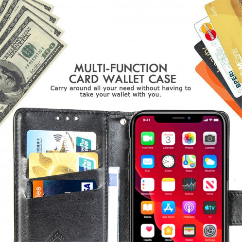Étui en cuir Flip horizontal gaufrage papillon amour fleurs pour iPhone 11 Pro Max avec titulaire et fentes pour cartes et porte-monnaie et lanière (Noir) SH801A930-017