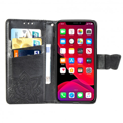 Étui en cuir Flip horizontal gaufrage papillon amour fleurs pour iPhone 11 Pro Max avec titulaire et fentes pour cartes et porte-monnaie et lanière (Noir) SH801A930-017