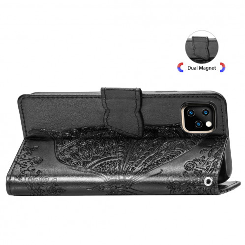 Étui en cuir Flip horizontal gaufrage papillon amour fleurs pour iPhone 11 Pro Max avec titulaire et fentes pour cartes et porte-monnaie et lanière (Noir) SH801A930-017