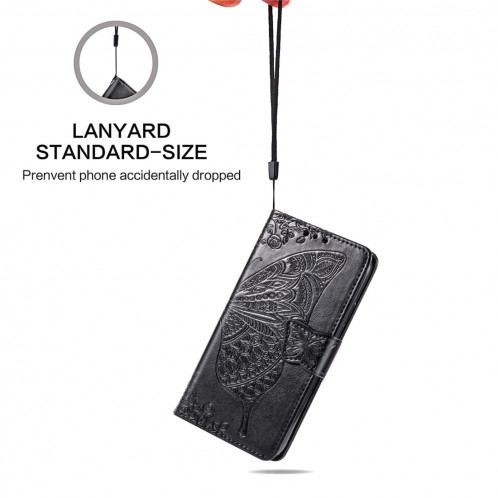Étui en cuir Flip horizontal gaufrage papillon amour fleurs pour iPhone 11 Pro Max avec titulaire et fentes pour cartes et porte-monnaie et lanière (Noir) SH801A930-017