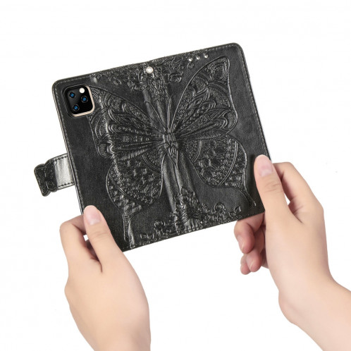 Étui en cuir Flip horizontal gaufrage papillon amour fleurs pour iPhone 11 Pro Max avec titulaire et fentes pour cartes et porte-monnaie et lanière (Noir) SH801A930-017
