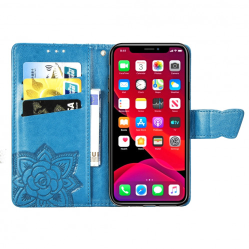 Papillon Love Flowers Étui en cuir Flip horizontal gaufrage pour iPhone 11 Pro Max avec titulaire et fentes pour cartes et porte-monnaie et lanière (bleu) SH801B1397-017