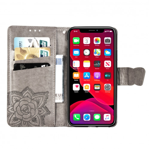 Papillon Love Flowers Étui à rabat horizontal en cuir Flip pour iPhone 11 Pro Max avec titulaire et fentes pour cartes et porte-monnaie et lanière (Gris) SH801C1830-017