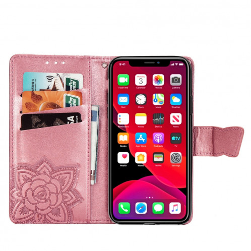 Papillon Love Flowers Étui en cuir Flip horizontal gaufrage pour iPhone 11 Pro Max avec titulaire et fentes pour cartes et porte-monnaie et lanière (Rose) SH801G580-017