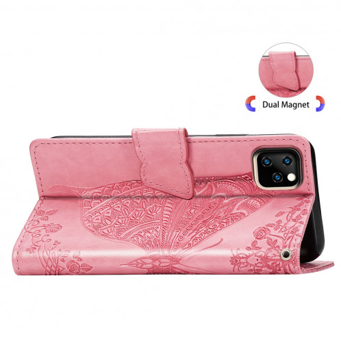 Papillon Love Flowers Étui en cuir Flip horizontal gaufrage pour iPhone 11 Pro Max avec titulaire et fentes pour cartes et porte-monnaie et lanière (Rose) SH801G580-017