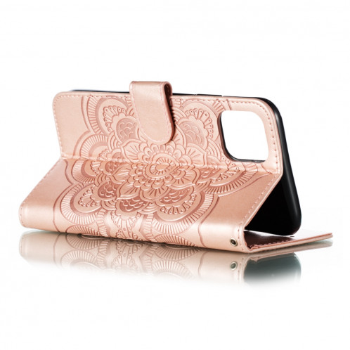 Etui à rabat horizontal en cuir Mandala avec motif gaufrage pour iPhone 11 Pro Max, avec support et logements pour cartes, portefeuille et cadre photo et lanière (or rose) SH601A1398-07