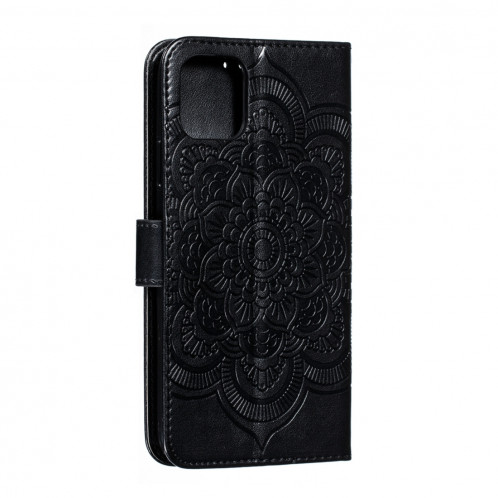 Etui à rabat horizontal en cuir Mandala avec motif gaufrage pour iPhone 11 Pro Max, avec support et logements pour cartes, portefeuille et cadre photo et lanière (Noir) SH601B469-07