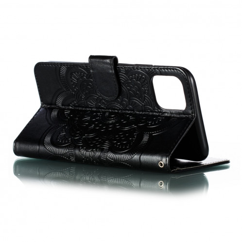 Etui à rabat horizontal en cuir Mandala avec motif gaufrage pour iPhone 11 Pro Max, avec support et logements pour cartes, portefeuille et cadre photo et lanière (Noir) SH601B469-07