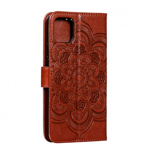 Etui à rabat horizontal en cuir Mandala avec motif gaufrage pour iPhone 11 Pro Max, avec support et logements pour cartes, portefeuille et cadre photo et lanière (Marron) SH601C1462-07