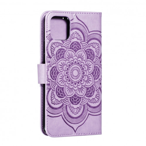Etui à rabat horizontal en cuir Mandala avec motif gaufrage pour iPhone 11 Pro Max, avec support et logements pour cartes, portefeuille et cadre photo et lanière (violet) SH601F1543-08