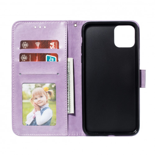 Etui à rabat horizontal en cuir Mandala avec motif gaufrage pour iPhone 11 Pro Max, avec support et logements pour cartes, portefeuille et cadre photo et lanière (violet) SH601F1543-08