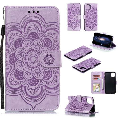 Etui à rabat horizontal en cuir Mandala avec motif gaufrage pour iPhone 11 Pro Max, avec support et logements pour cartes, portefeuille et cadre photo et lanière (violet) SH601F1543-08