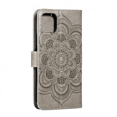 Etui à rabat horizontal en cuir Mandala avec motif gaufrage pour iPhone 11 Pro Max, avec support et logements pour cartes, portefeuille et cadre photo et lanière (Gris) SH601G632-07