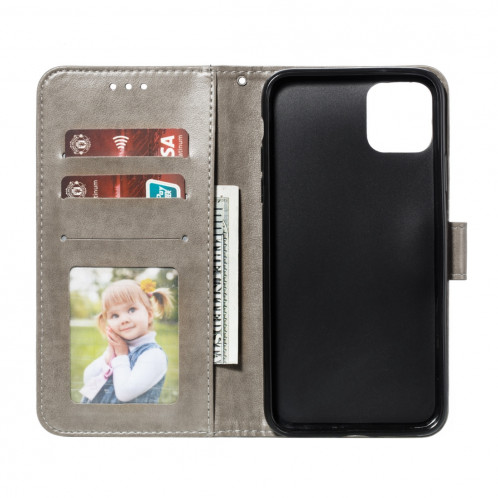 Etui à rabat horizontal en cuir Mandala avec motif gaufrage pour iPhone 11 Pro Max, avec support et logements pour cartes, portefeuille et cadre photo et lanière (Gris) SH601G632-07