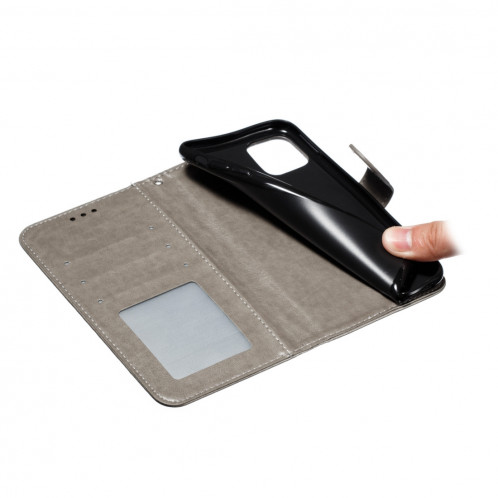 Etui à rabat horizontal en cuir Mandala avec motif gaufrage pour iPhone 11 Pro Max, avec support et logements pour cartes, portefeuille et cadre photo et lanière (Gris) SH601G632-07