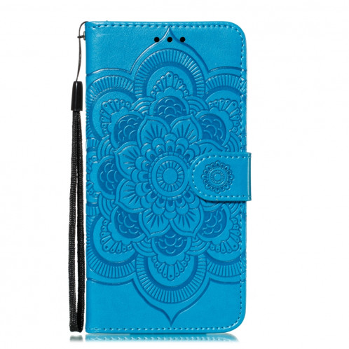 Etui à rabat horizontal en cuir Mandala avec motif gaufrage pour iPhone 11 Pro Max, avec support et logements pour cartes, portefeuille et cadre photo et lanière (bleu) SH601H1611-07