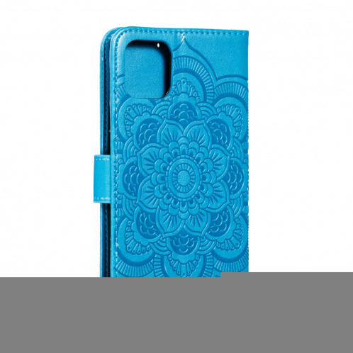 Etui à rabat horizontal en cuir Mandala avec motif gaufrage pour iPhone 11 Pro Max, avec support et logements pour cartes, portefeuille et cadre photo et lanière (bleu) SH601H1611-07