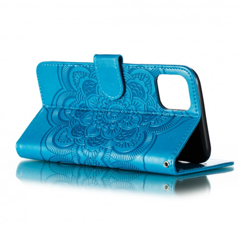 Etui à rabat horizontal en cuir Mandala avec motif gaufrage pour iPhone 11 Pro Max, avec support et logements pour cartes, portefeuille et cadre photo et lanière (bleu) SH601H1611-07