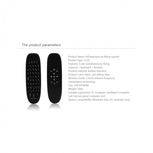 C120 2.4G Mini clavier souris à distance sans fil avec capteur 3-Gyro et 3-Gravity pour PC / HTPC / IPTV / Smart TV et Android TV Box etc. (Noir) SH001A1565-018