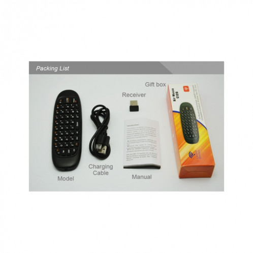 C120 2.4G Mini clavier souris à distance sans fil avec capteur 3-Gyro et 3-Gravity pour PC / HTPC / IPTV / Smart TV et Android TV Box etc. (Noir) SH001A1565-018