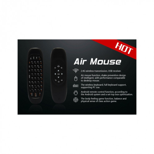 C120 2.4G Mini clavier souris à distance sans fil avec capteur 3-Gyro et 3-Gravity pour PC / HTPC / IPTV / Smart TV et Android TV Box etc. (Noir) SH001A1565-018