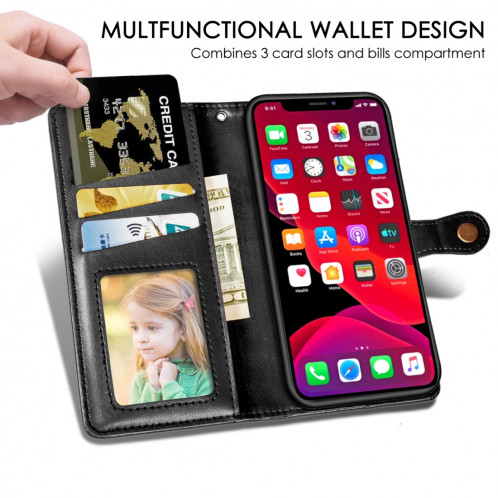 Etui en cuir de protection pour téléphone portable avec boucle pour photo, cadre photo et fente pour carte, portefeuille et support pour iPhone 11 Pro Max (noir) SH301A1775-014