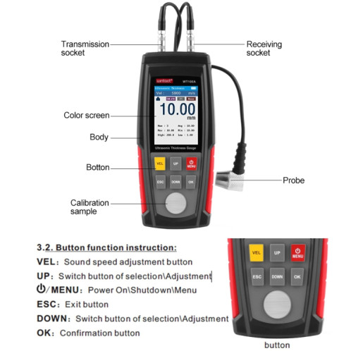 Wintact WT100A Testeur de mètre d'épaisseur ultrasonique numérique Testeur d'épaisseur USB Testeur de métal d'épaisseur numérique Haute précision SW37371736-07
