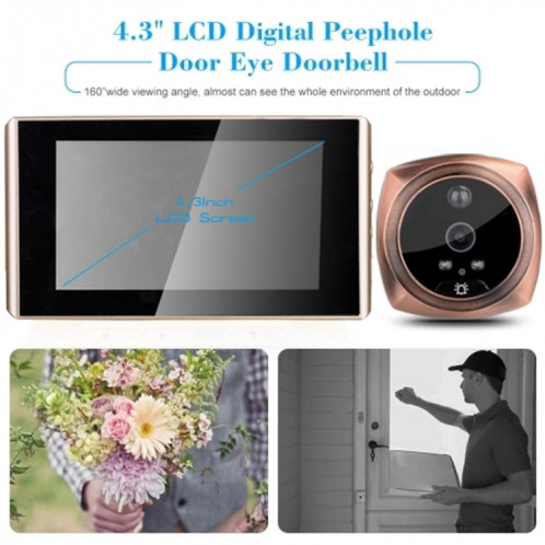 4.3 pouces écran couleur LCD sonnette numérique porte oeil sonnette visionneuse de caméra de porte de judas électronique (or) SH701A1160-010